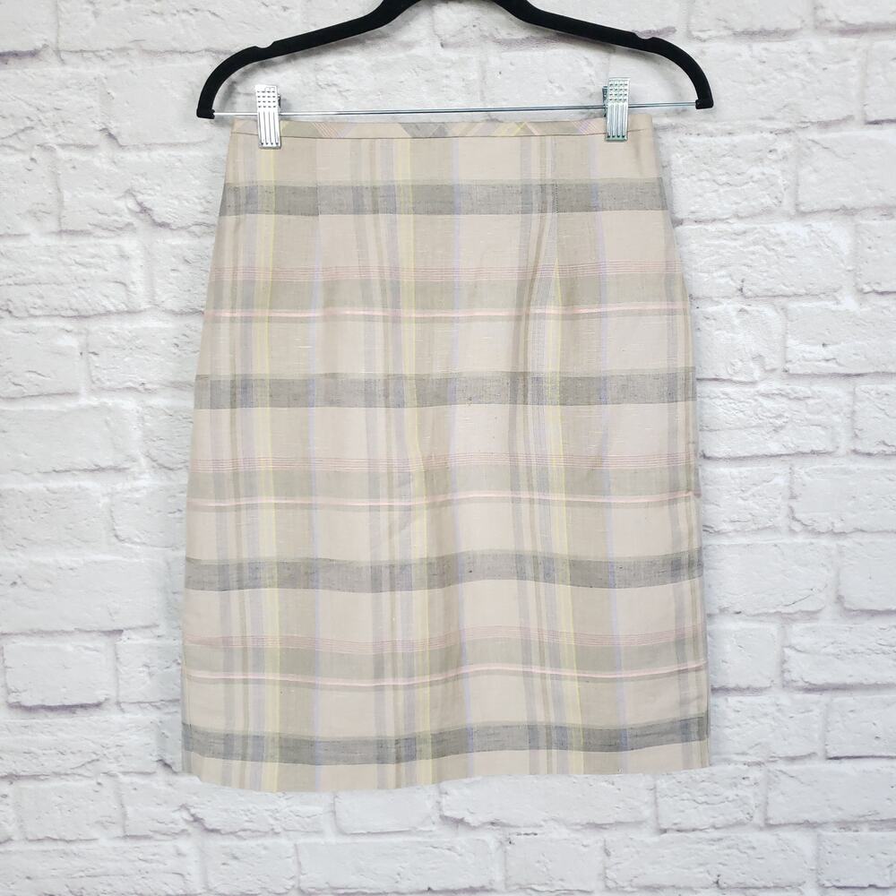 Vintage 90s y2k The Limited Tan Pastel Plaid Linen Pencil Skirt Deadstock Sz 8